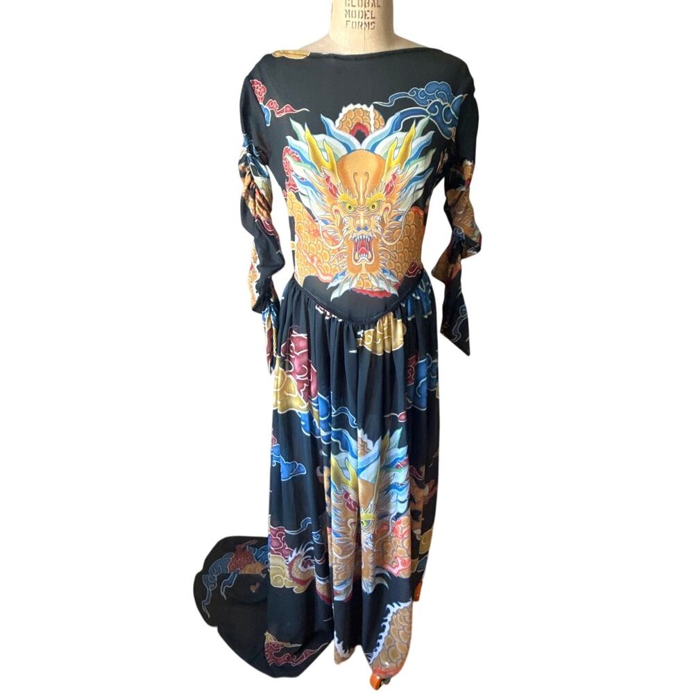 DIBBA Mesh Chinese Dragon Maxi Dress Size Large Sheer